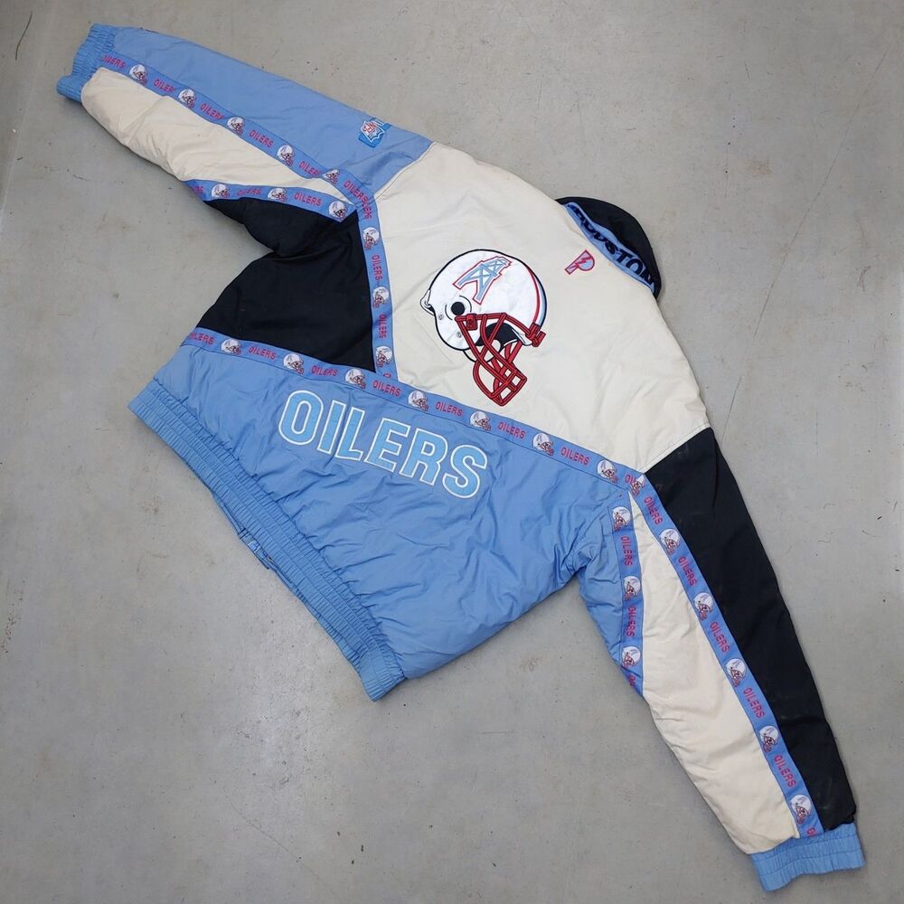 VTG Houston Oilers 90s PRO PLAYER Puffer Jacket - SIZE XL Blue White NFL Vintage